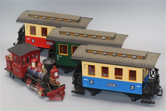 An LGB Grizzly Flats CHLOE steam locomotive, G Gauge, together with track, transformer and three carriages